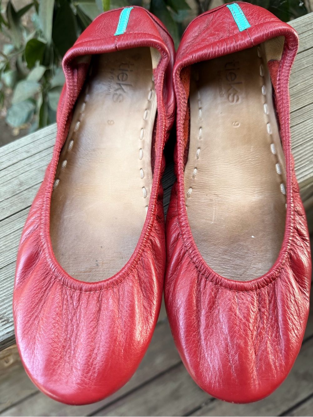 Tieks Cardinal Red Leather Ballet Flats with Teal Heel Tab